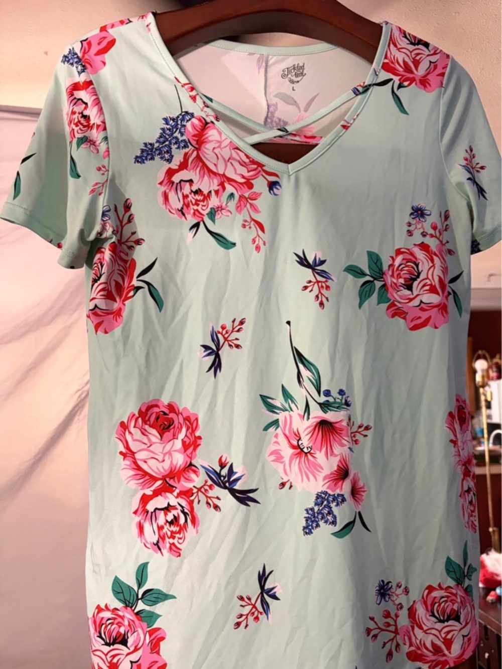 Floral V-Neck Short Sleeve Top - Mint with Pink Floral
